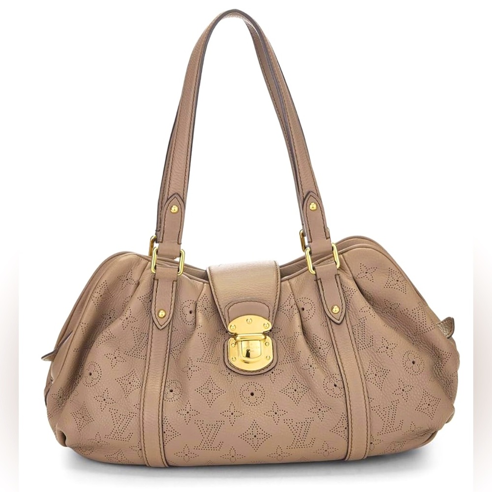Louis Vuitton mahina shoulder handbag purse Lunar grey mauve sables gold LV logo